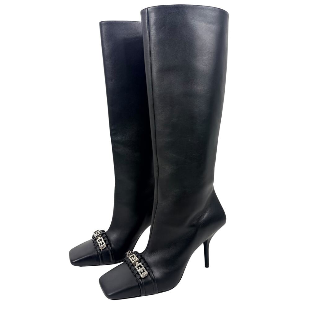 New Givenchy G Woven Leather Knee High Square Toe Boots Black Size 37 - Picture 3 of 9